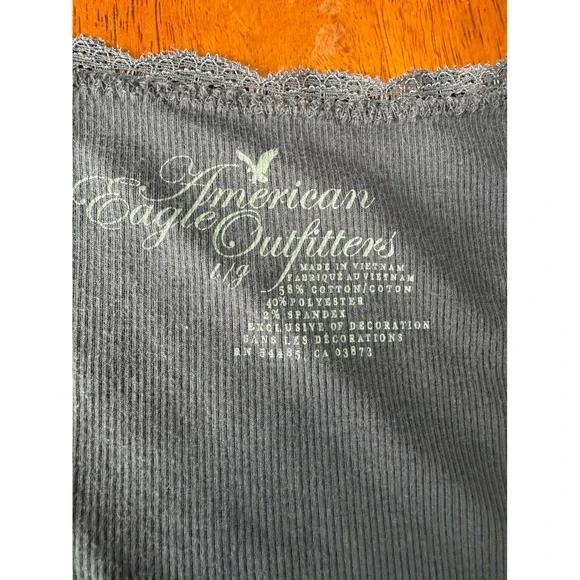 American Eagle Outfitters Gray Ribbed Lace Trim Tank Top Women L Large Logo - Picture 3 of 8